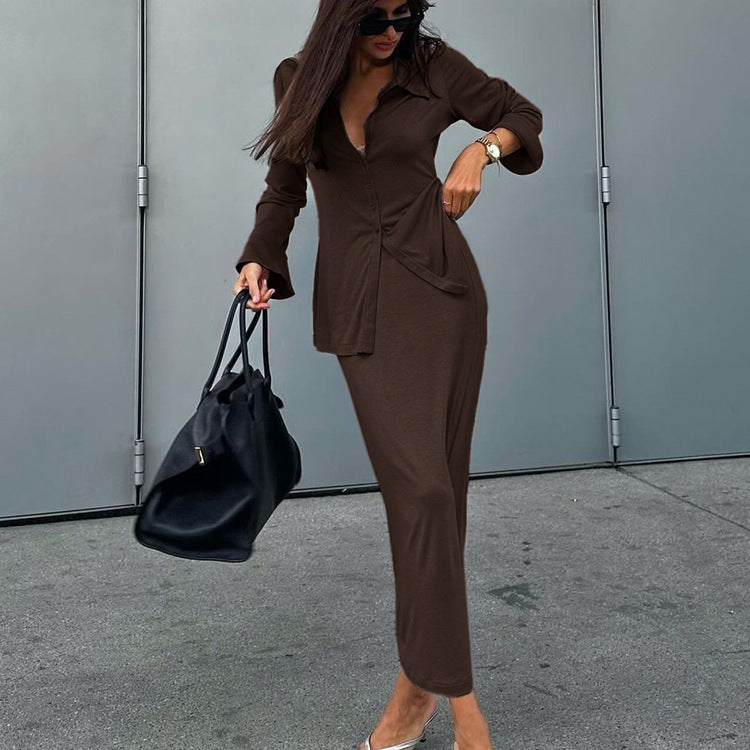 Women Collared Flared Sleeve Cardigan Top Hip Skirt Two Piece Set