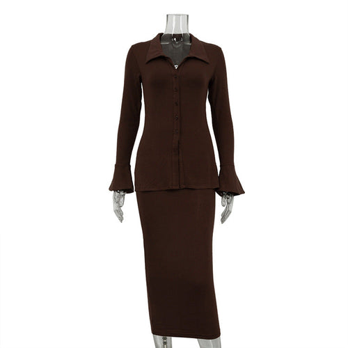 Women Collared Flared Sleeve Cardigan Top Hip Skirt Two Piece Set