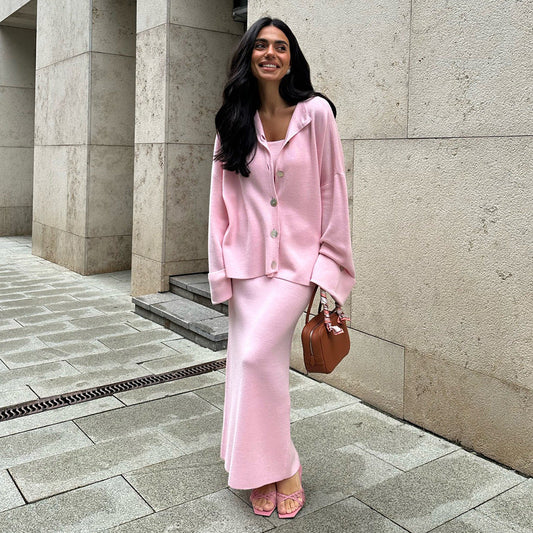 Knitted Long Sleeve Cardigan Camisole Skirt Set Women Autumn Winter