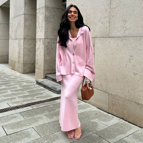 Knitted Long Sleeve Cardigan Camisole Skirt Set Women Autumn Winter