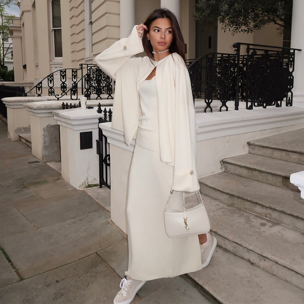 Knitted Long Sleeve Cardigan Camisole Skirt Set Women Autumn Winter