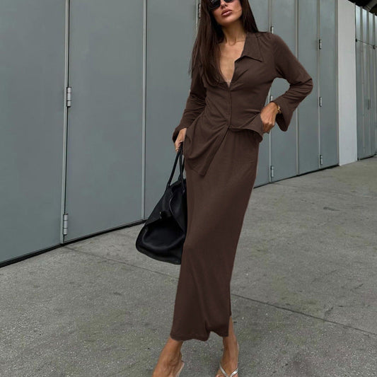 Women Collared Flared Sleeve Cardigan Top Hip Skirt Two Piece Set