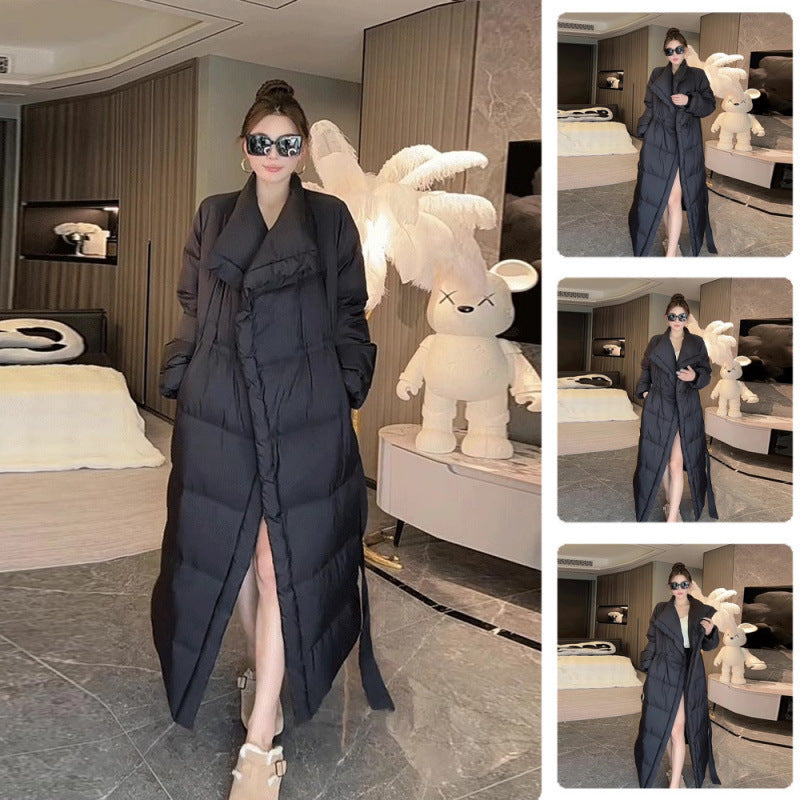 Retro Elegant Lapel Long Lace Up Down Cotton-padded Jacket