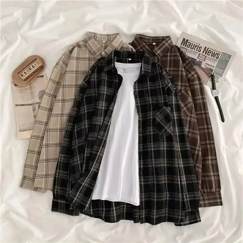 Vintage Plaid Shirts Women Autumn Long Sleeve Oversize Button Up Shirt