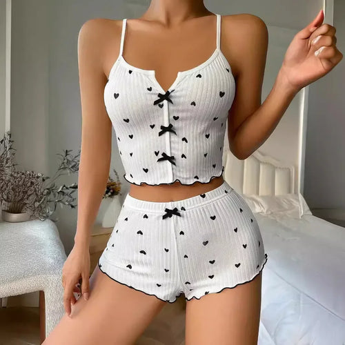 Sleepwear Women Pajamas Set Heart Print Soft Ribbed Fabric with Flirty