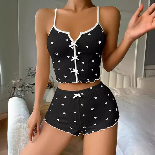 Sleepwear Women Pajamas Set Heart Print Soft Ribbed Fabric with Flirty