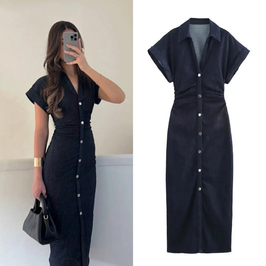 ETJ 2025 traf Spring New 1975 series denim MIDI dress with lapel side