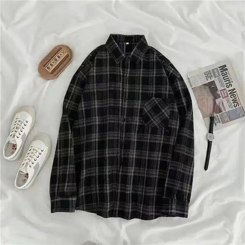 Vintage Plaid Shirts Women Autumn Long Sleeve Oversize Button Up Shirt