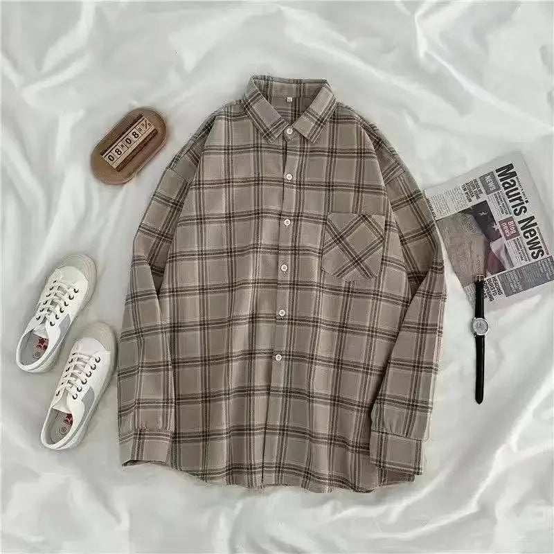 Vintage Plaid Shirts Women Autumn Long Sleeve Oversize Button Up Shirt