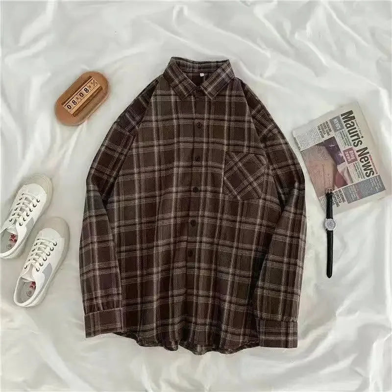 Vintage Plaid Shirts Women Autumn Long Sleeve Oversize Button Up Shirt