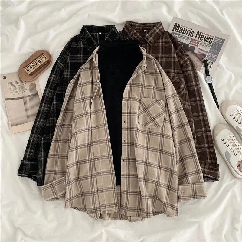 Vintage Plaid Shirts Women Autumn Long Sleeve Oversize Button Up Shirt