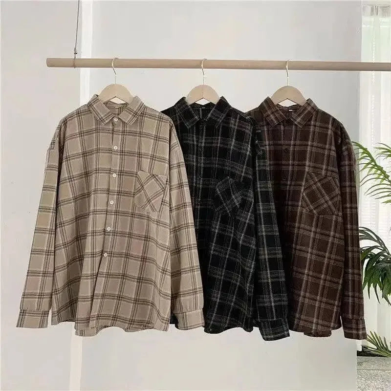 Vintage Plaid Shirts Women Autumn Long Sleeve Oversize Button Up Shirt