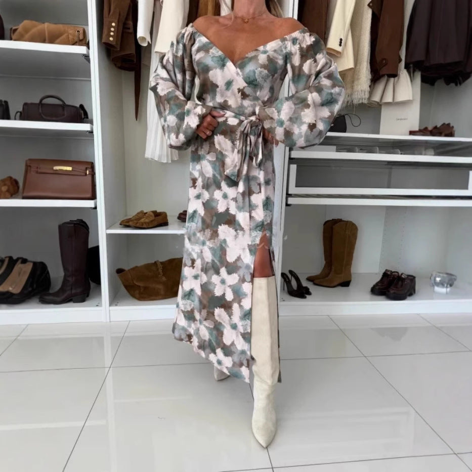 Women's Printed Waist-controlled Hem Slit Long-sleeved Dress