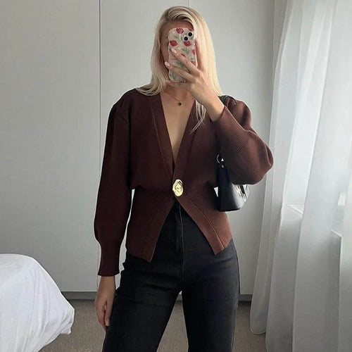 New V-neck Button Cardigan Fashion Knitted Sweater Top For Women