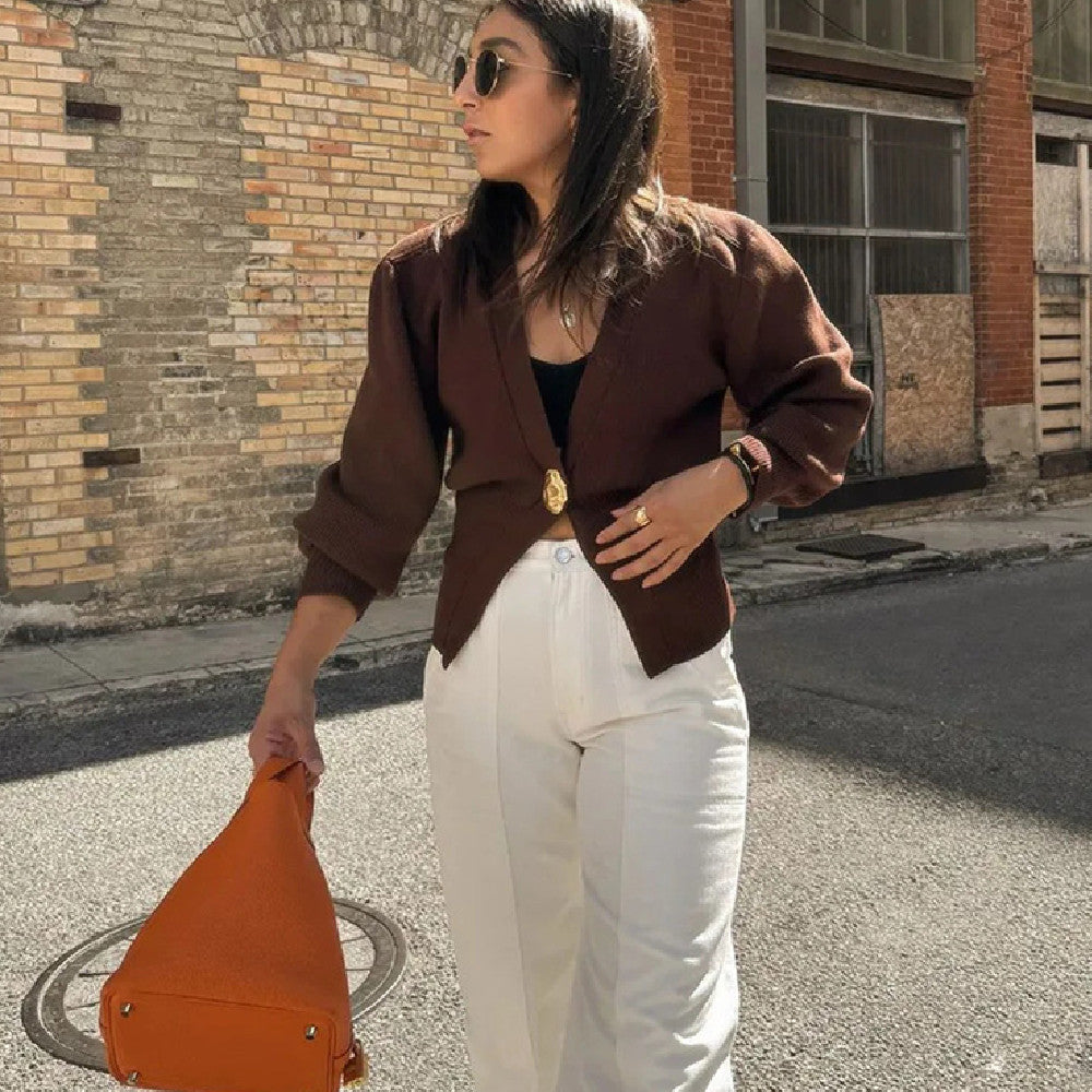 New V-neck Button Cardigan Fashion Knitted Sweater Top For Women