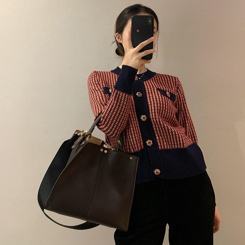 Red Plaid Cardigan Vintage Spring Women Short Sweater Coat Full O-Neck