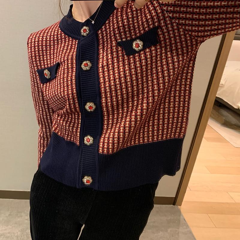 Red Plaid Cardigan Vintage Spring Women Short Sweater Coat Full O-Neck