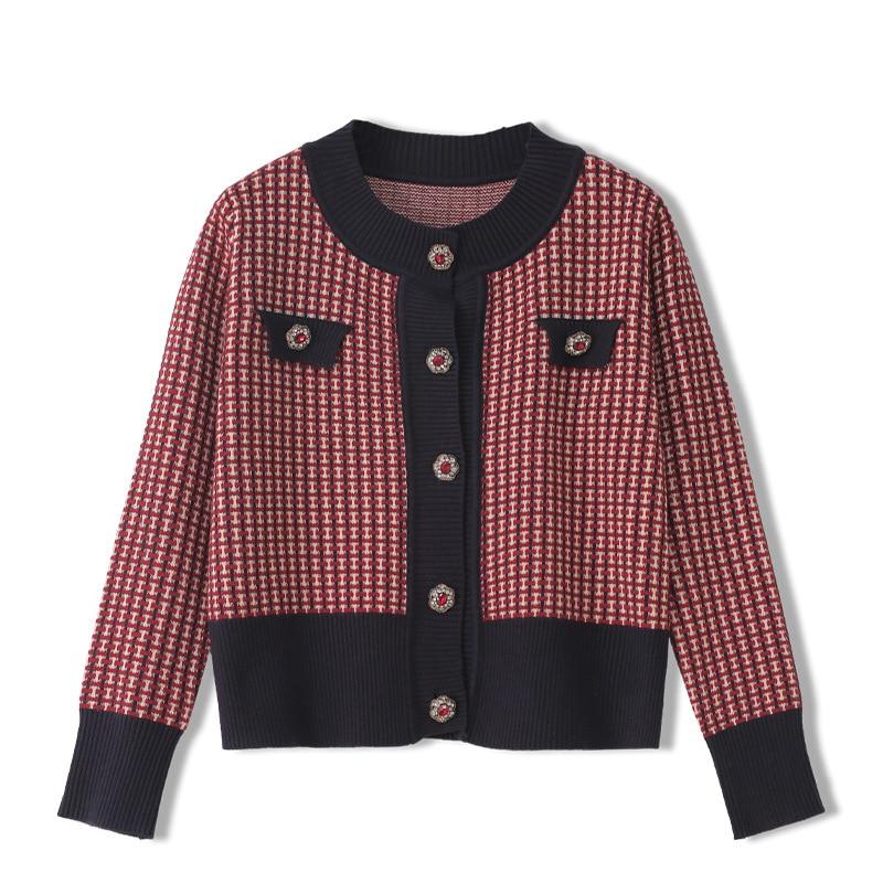 Red Plaid Cardigan Vintage Spring Women Short Sweater Coat Full O-Neck