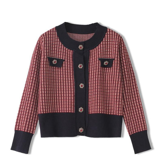 Red Plaid Cardigan Vintage Spring Women Short Sweater Coat Full O-Neck