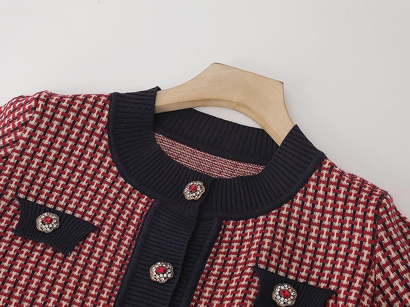 Red Plaid Cardigan Vintage Spring Women Short Sweater Coat Full O-Neck