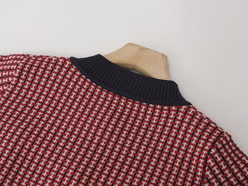 Red Plaid Cardigan Vintage Spring Women Short Sweater Coat Full O-Neck