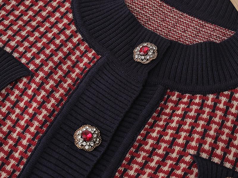 Red Plaid Cardigan Vintage Spring Women Short Sweater Coat Full O-Neck