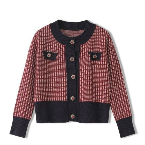Red Plaid Cardigan Vintage Spring Women Short Sweater Coat Full O-Neck