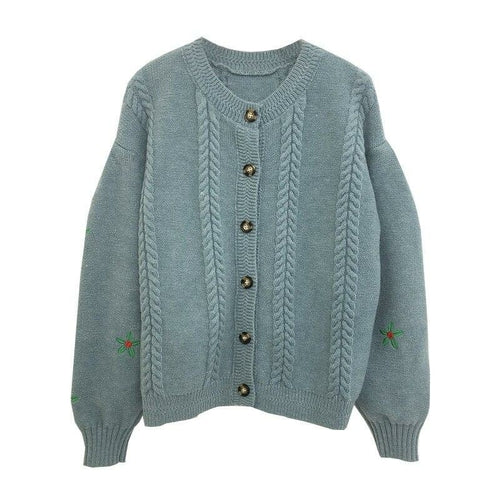 Preppy Style Floral Embroidery Knit Cardigans Sweater Women O Neck