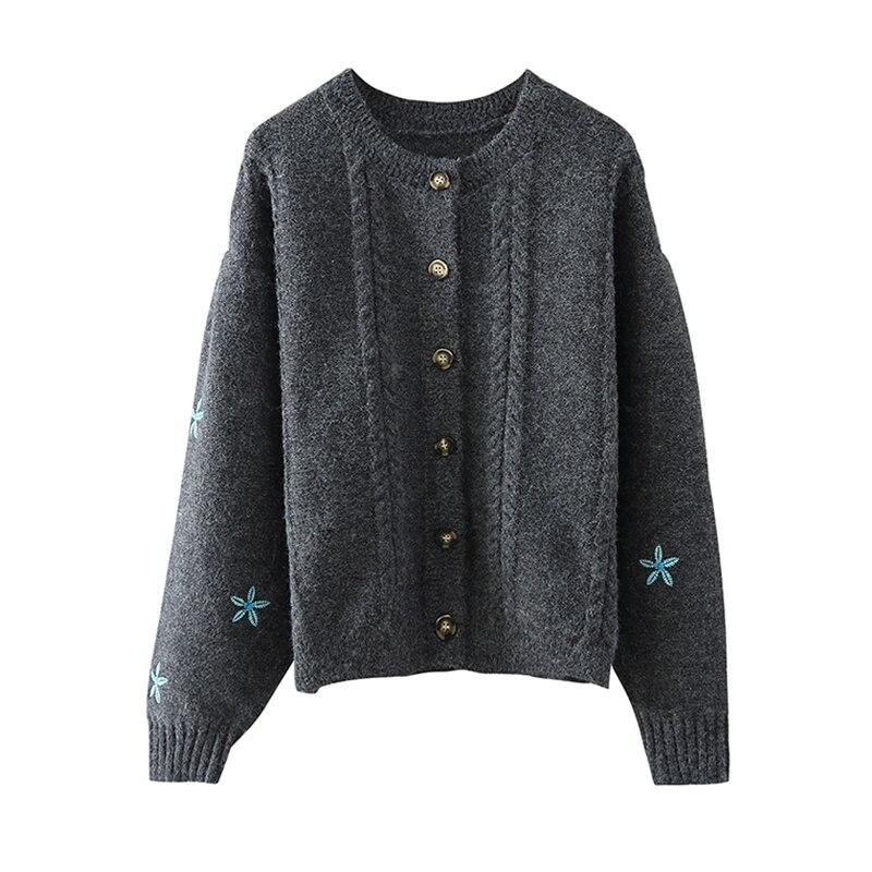 Preppy Style Floral Embroidery Knit Cardigans Sweater Women O Neck
