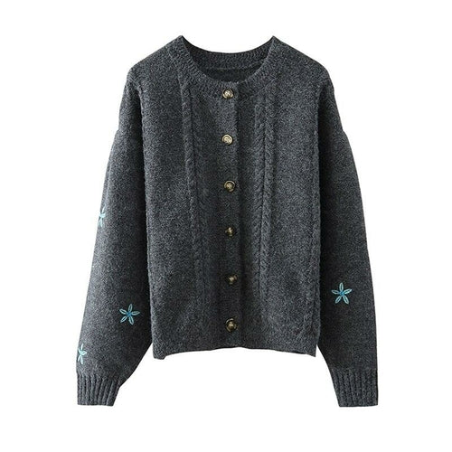 Preppy Style Floral Embroidery Knit Cardigans Sweater Women O Neck