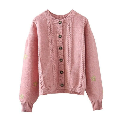 Preppy Style Floral Embroidery Knit Cardigans Sweater Women O Neck