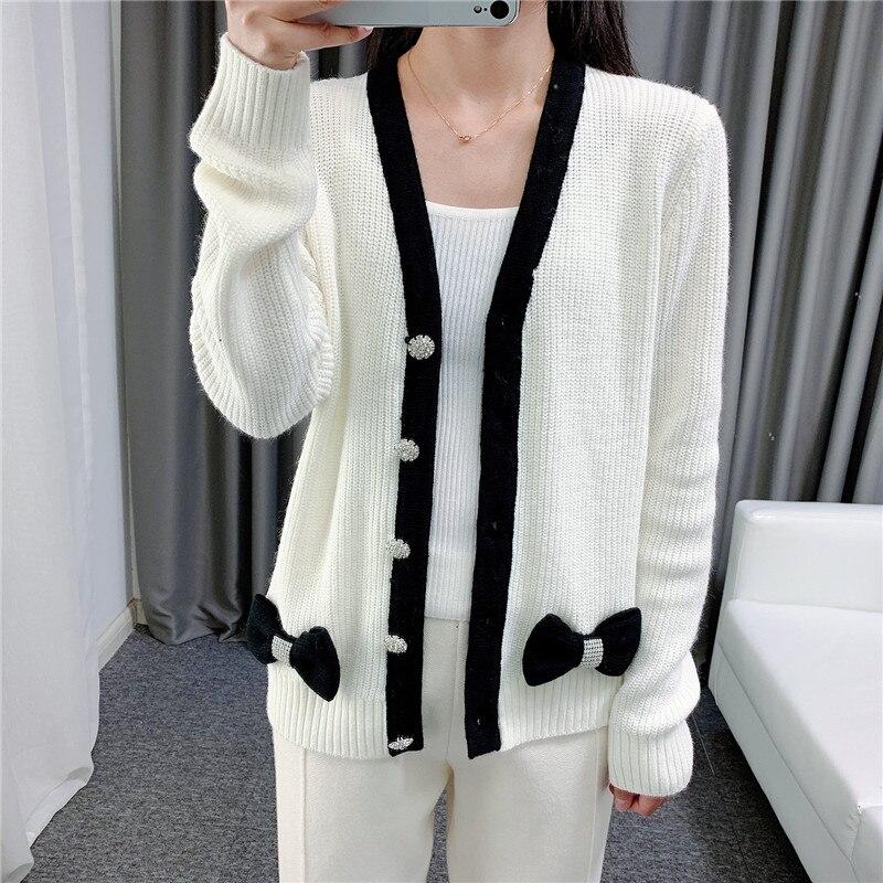Women Cardigans Patchwork V-Neck Bow Loose Knitted Sweater Spring