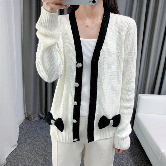 Women Cardigans Patchwork V-Neck Bow Loose Knitted Sweater Spring