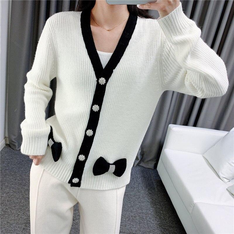 Women Cardigans Patchwork V-Neck Bow Loose Knitted Sweater Spring