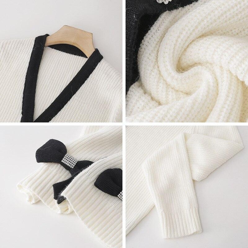 Women Cardigans Patchwork V-Neck Bow Loose Knitted Sweater Spring
