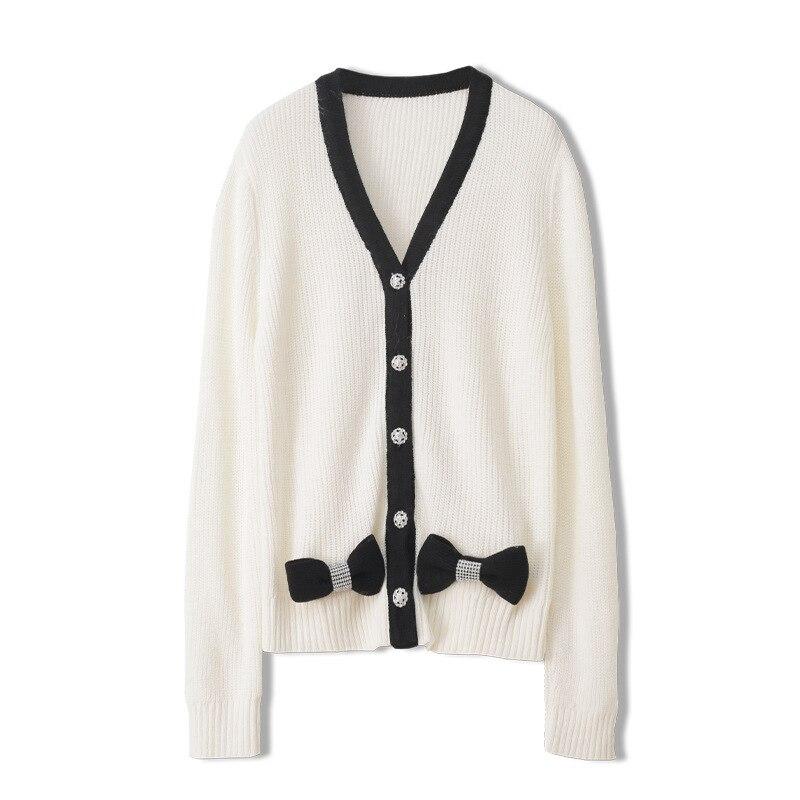 Women Cardigans Patchwork V-Neck Bow Loose Knitted Sweater Spring