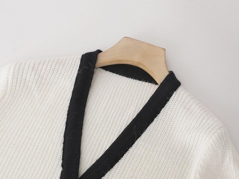 Women Cardigans Patchwork V-Neck Bow Loose Knitted Sweater Spring