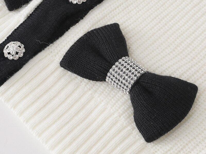 Women Cardigans Patchwork V-Neck Bow Loose Knitted Sweater Spring