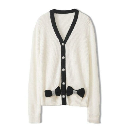Women Cardigans Patchwork V-Neck Bow Loose Knitted Sweater Spring