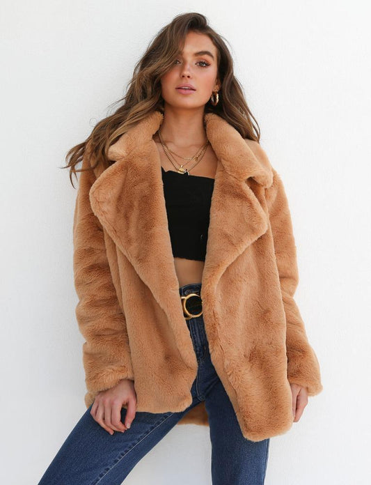 Women Winter Plush Coat Soft Fur Jackets Turn Down Collar Warm Outwear